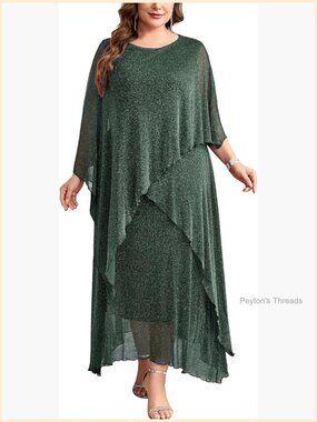 Plus Size Formal Dress with Long Cape Overlay Mesh Sparkly Mother of Bride